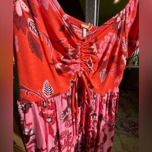 Free People Smocked Babydoll LaBamba Hawaiian Sunset Printed Short Sleeve Blouse